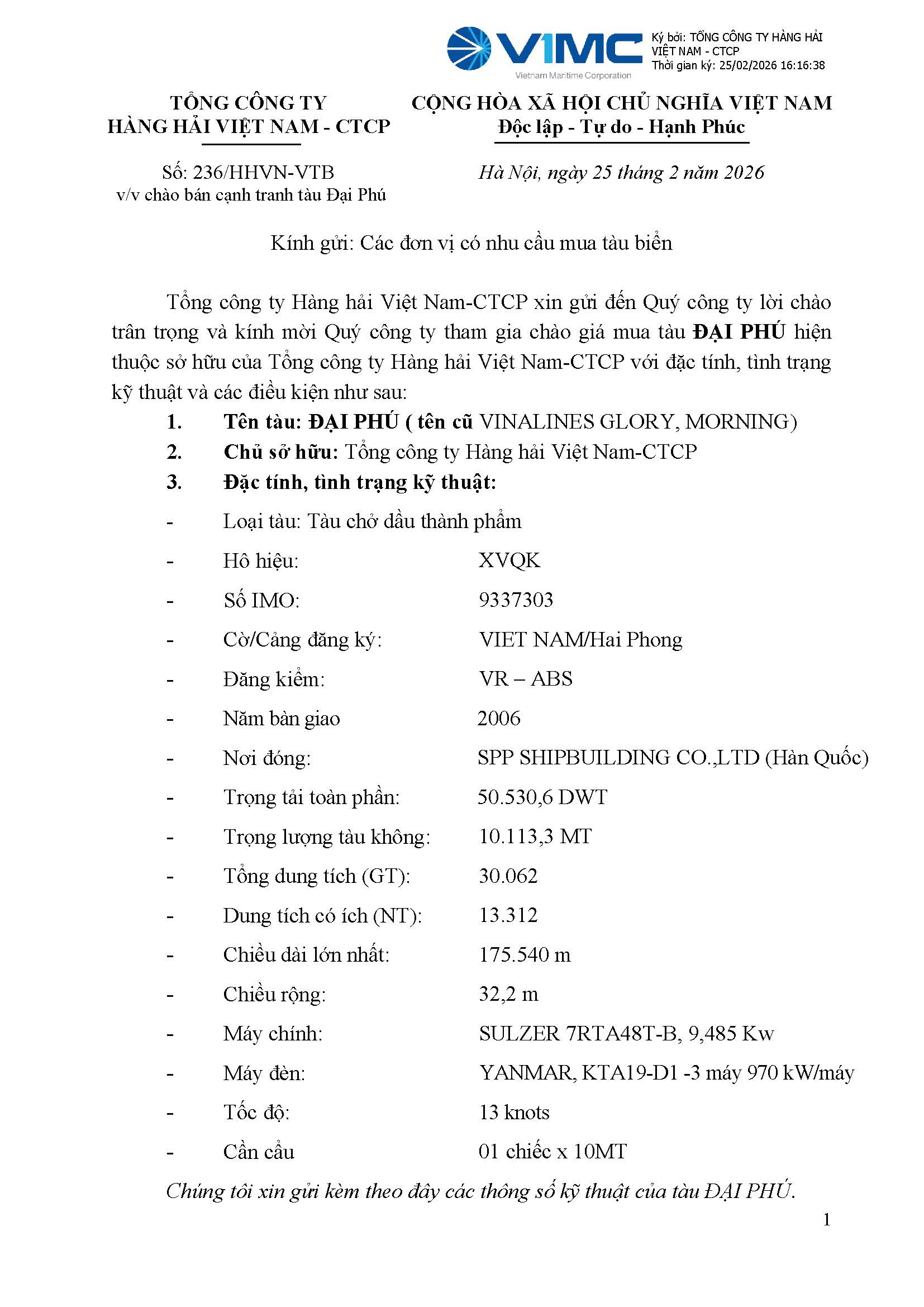 Thư chào bán tàu Đại Phú